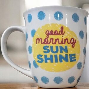 Oversized Ciroa Good Morning Sunshine Mug. Blue Polka Dots. Bone China. 15 Oz.